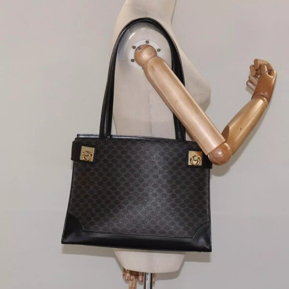 CELINE Macadam Canvas Shoulder Bag PVC Leather Black Gold Auth - Picture 1 of 16